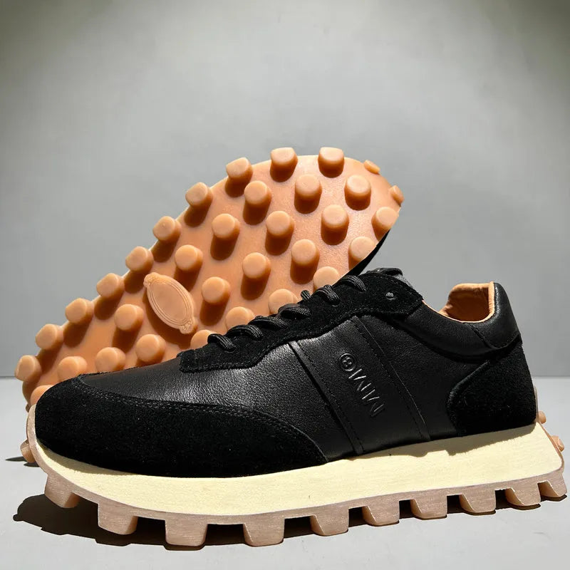 Men's black head layer cowhide lace-up sports shoes with thick sole and round toe on white background