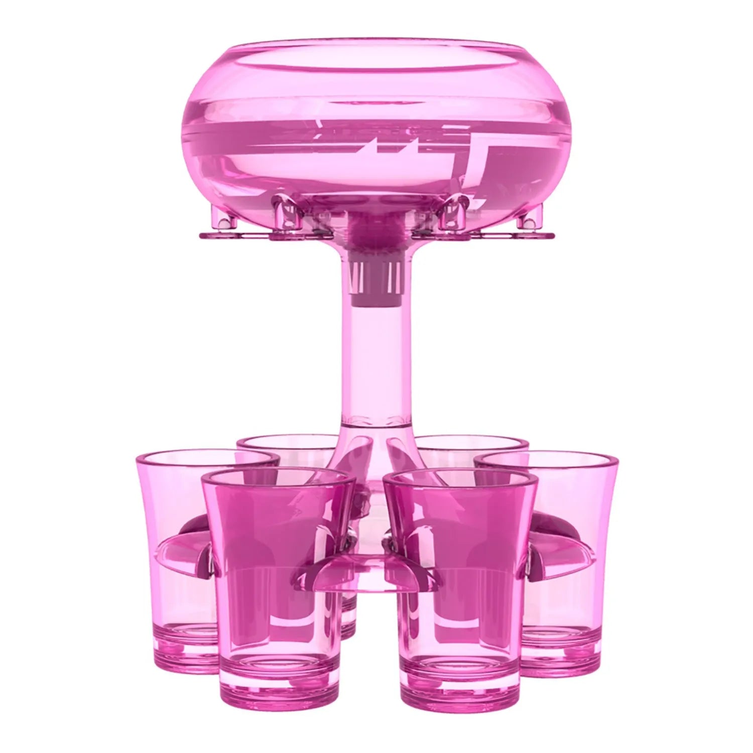 Clear PMMA 6-shot glass dispenser rack holding six shot glasses, a bar accessory for parties.