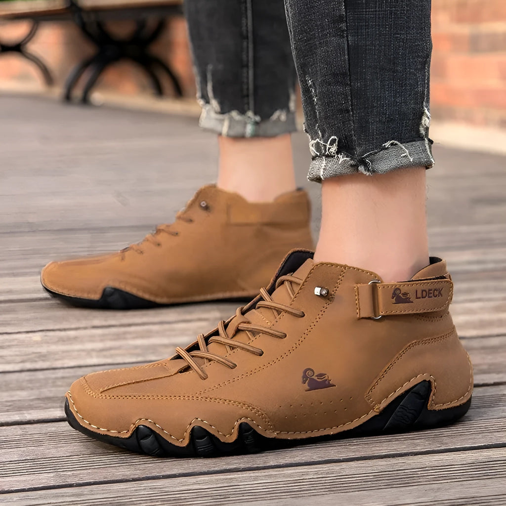 Men's khaki high-top casual shoes with a microfiber upper and a flat rubber sole.
