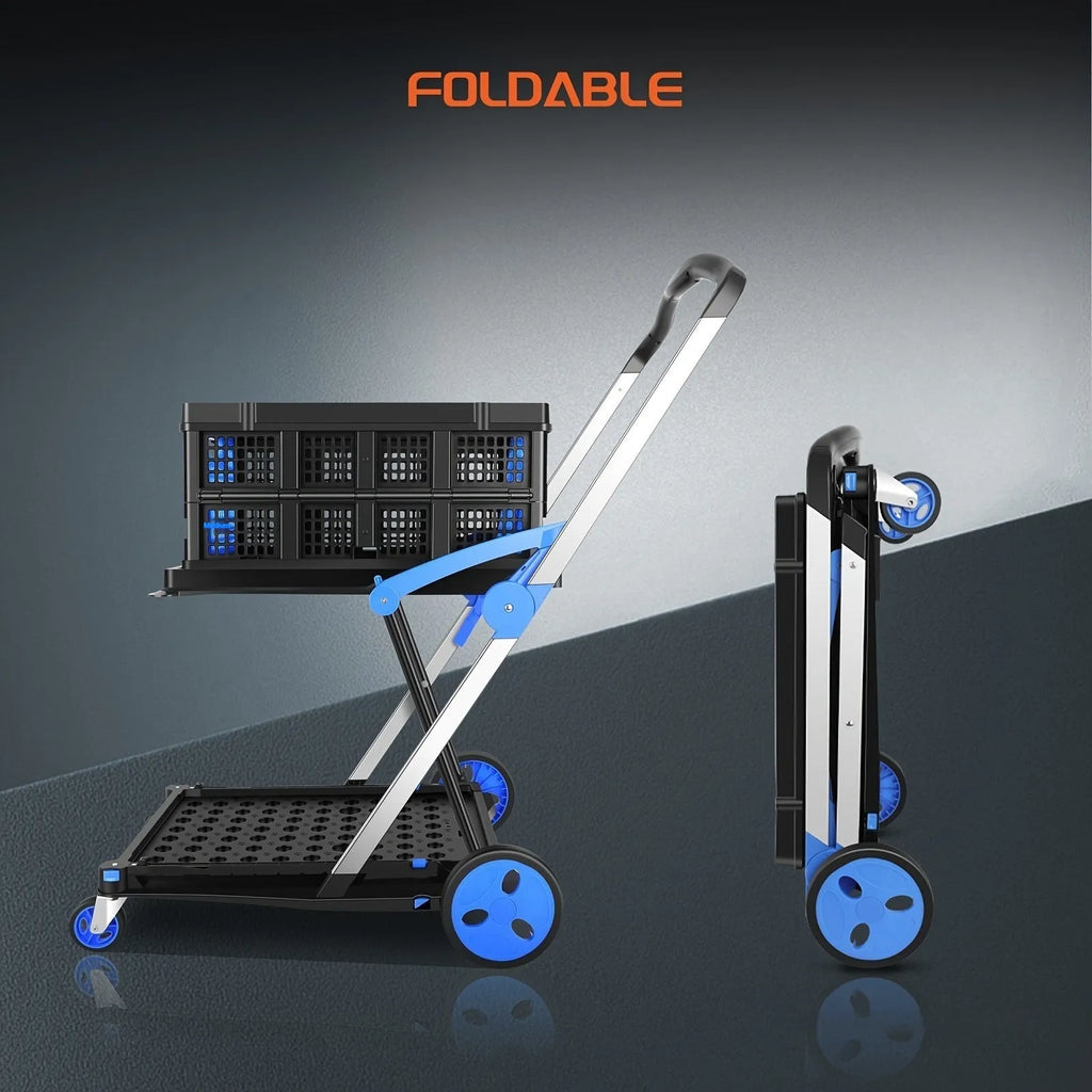 Foldable plastic shopping cart with two-layer basket in choice of blue, purple, pink, or red colours