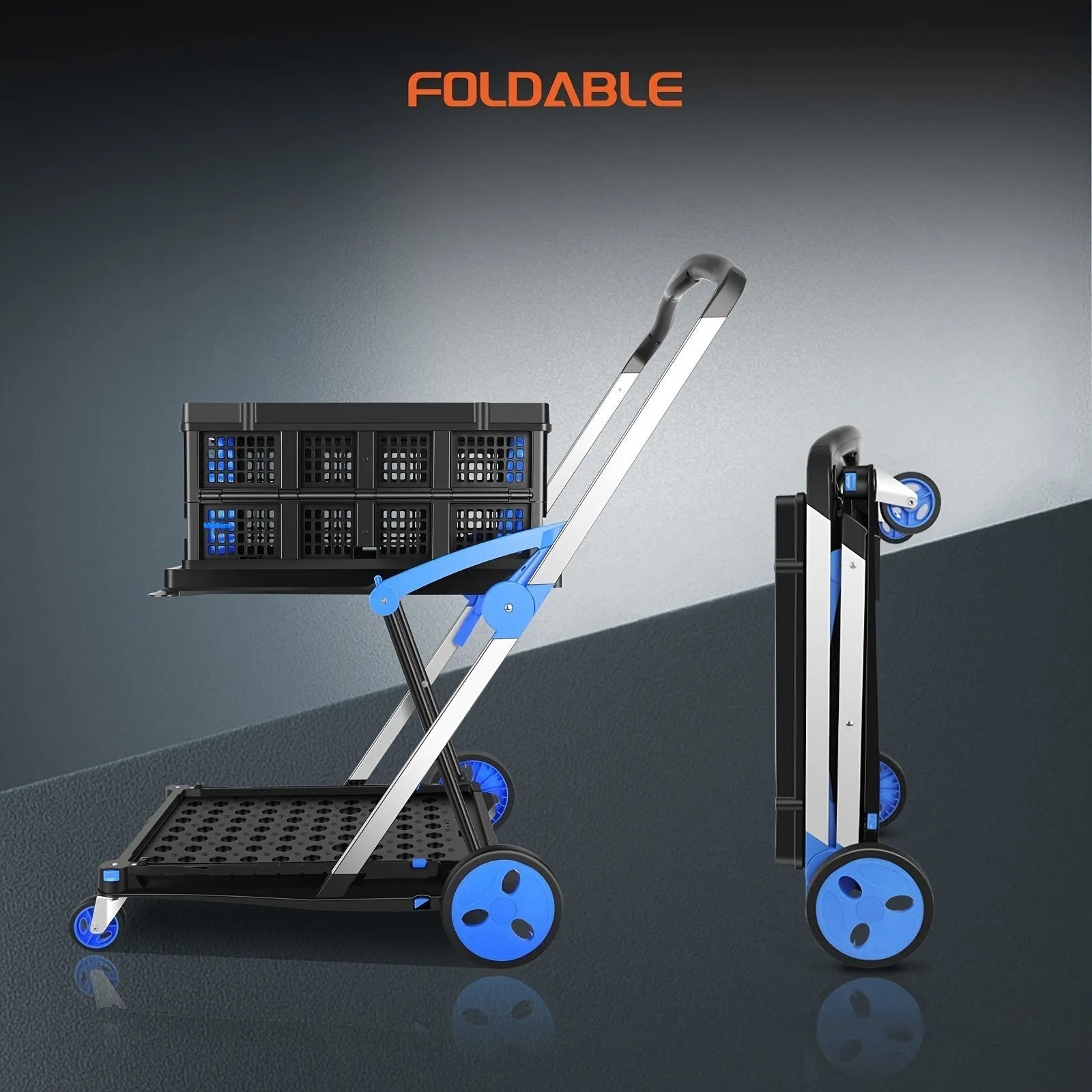 Foldable plastic shopping cart with two-layer basket in choice of blue, purple, pink, or red colours