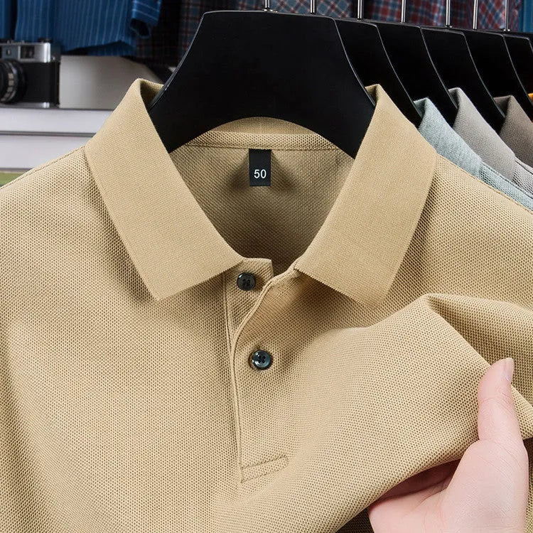 Men's casual polo collar short sleeve top in mercerized cotton, available in multiple solid colours