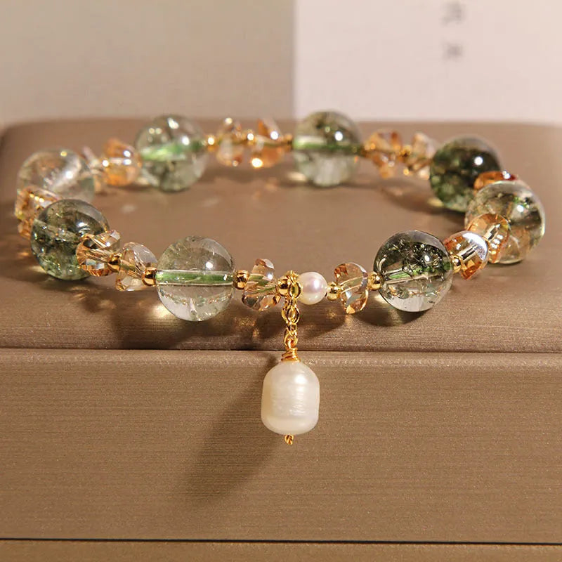 Natural chorite crystals crystal bracelet with green phantom quartz champagne beads