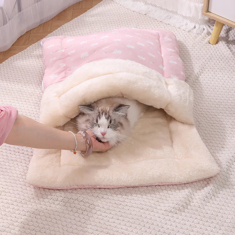 Foldable cat bed sleeping bag with detachable mat in North Pole Wool and Twill Fabric, Pink and Yellow, sizes M and S