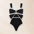 Women's black one-piece swimsuit with white bow and round skirt beach dress design
