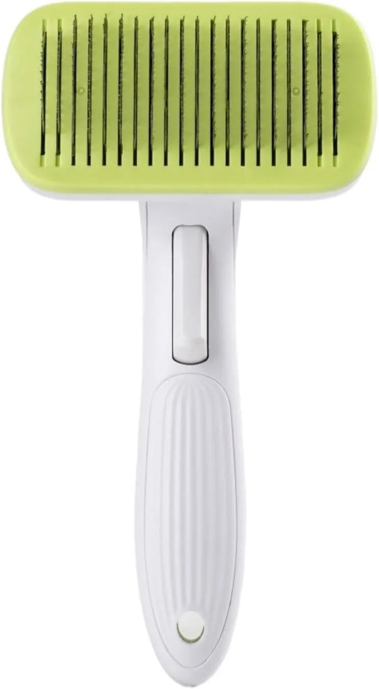 Automatic pet grooming comb with four interchangeable heads in blue, grey, green, or pink colours.