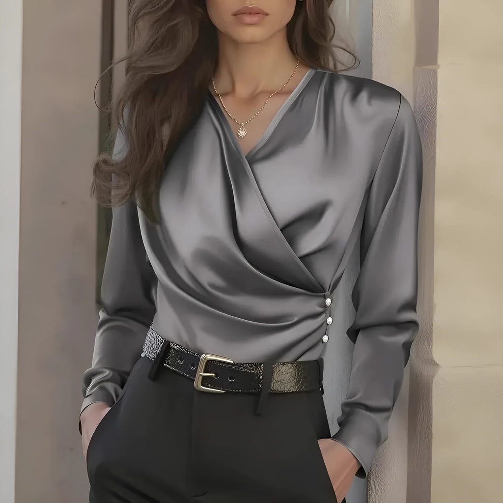 Polyester V-neck slim fit long sleeve women's shirt in white, front view