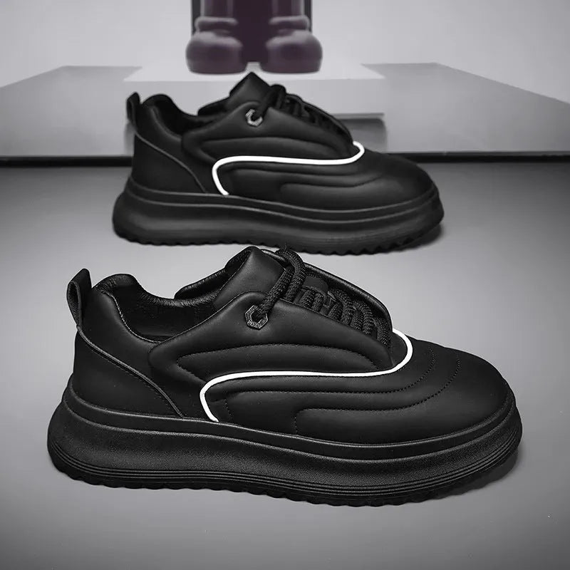 PU leather casual platform shoes in black, white or khaki with a thick sole and cowhide upper.