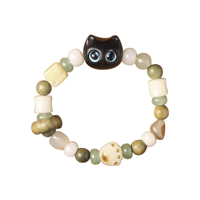 Hand-woven bracelet with sugar cat's paw design combining bodhi seed, jade and ebony wood