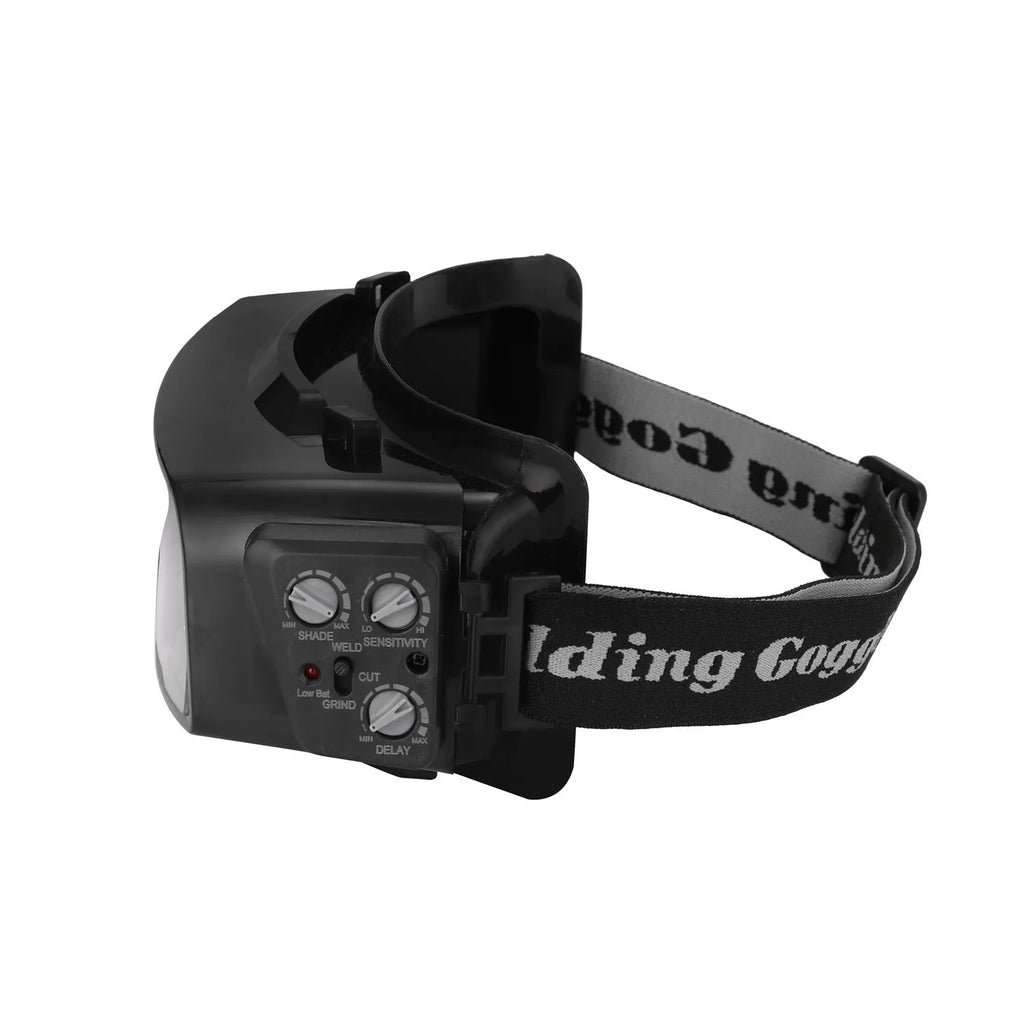 Black automatic welding mask with auto-darkening lens and adjustable sensitivity for electric welding protection.