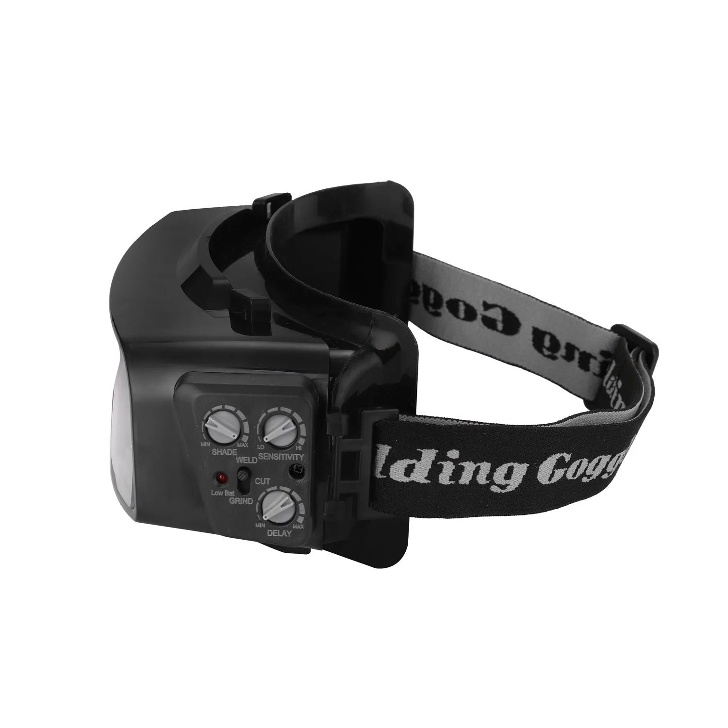 Black automatic welding mask with auto-darkening lens and adjustable sensitivity for electric welding protection.