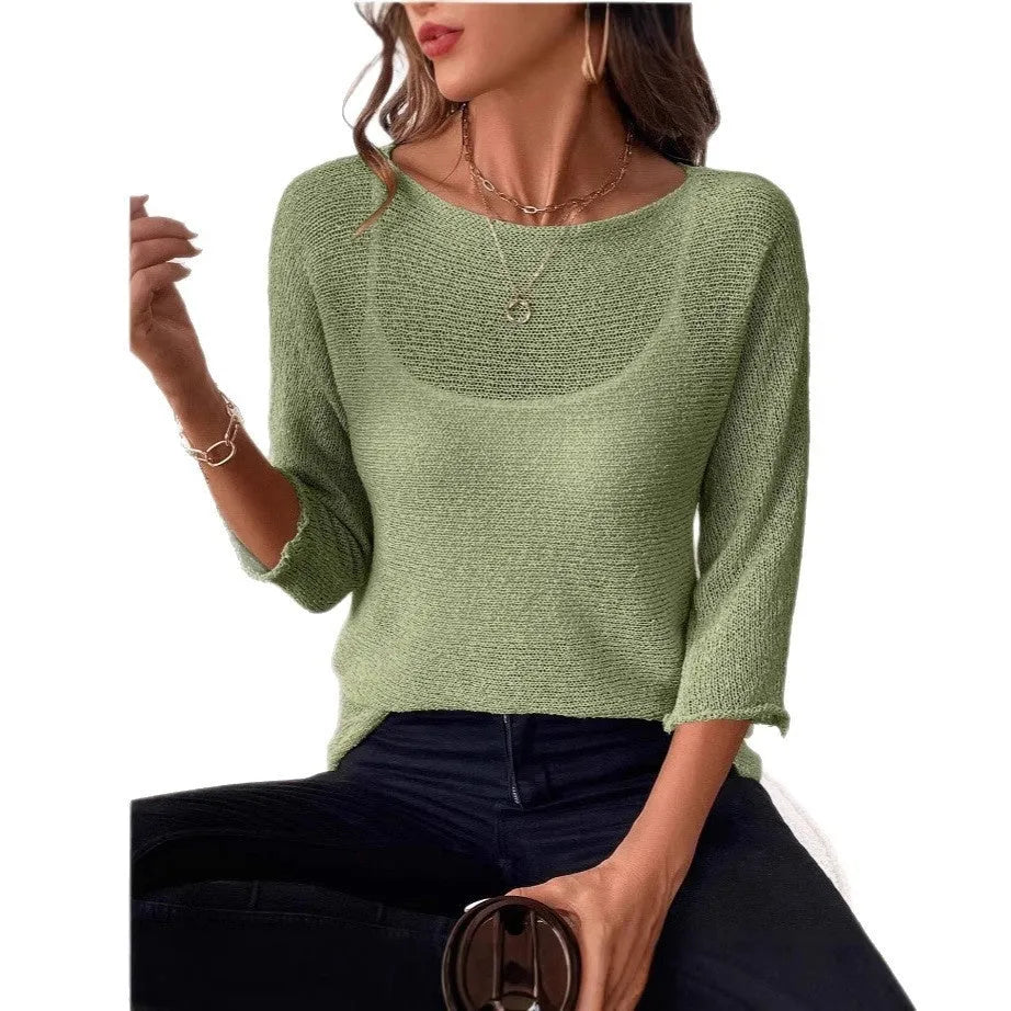 Women's thin knitted off-shoulder overall jumper in polyester fabric with 3/4 sleeves