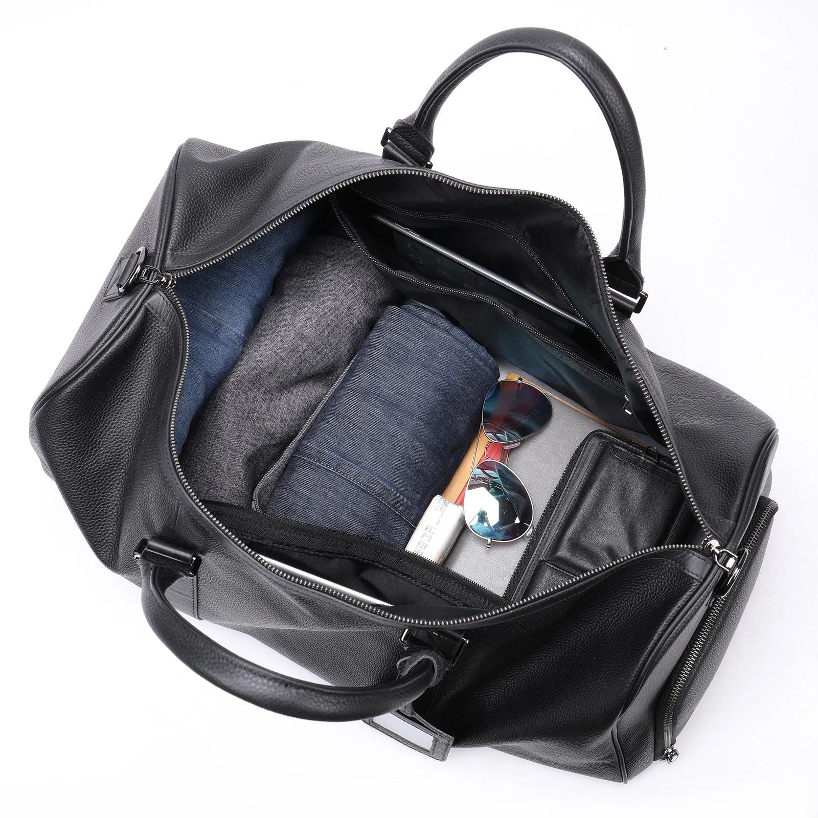 Men's leather excursion bag in black or coffee colour with single shoulder strap