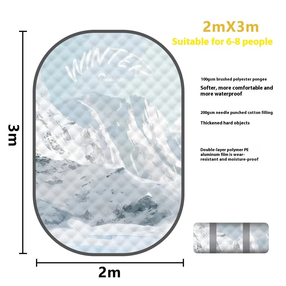 A large waterproof camping mat in a seasonal colour, unrolled on grass, showing its thickened texture.