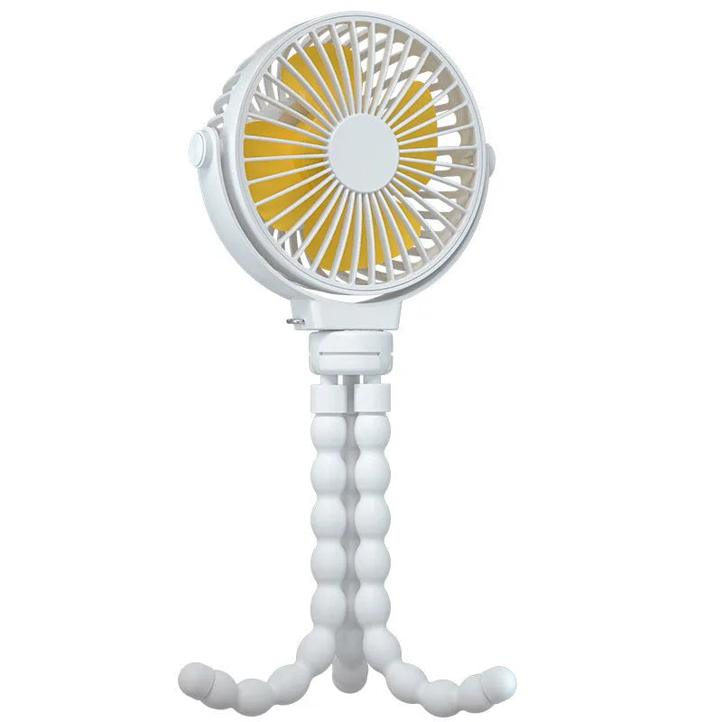 Black flexible tripod clip on USB fan with 2000mAh battery, shown with legs extended.