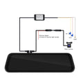 9.66-inch black car dash cam mirror with touch screen, showing split-screen display for front and rear camera feeds.