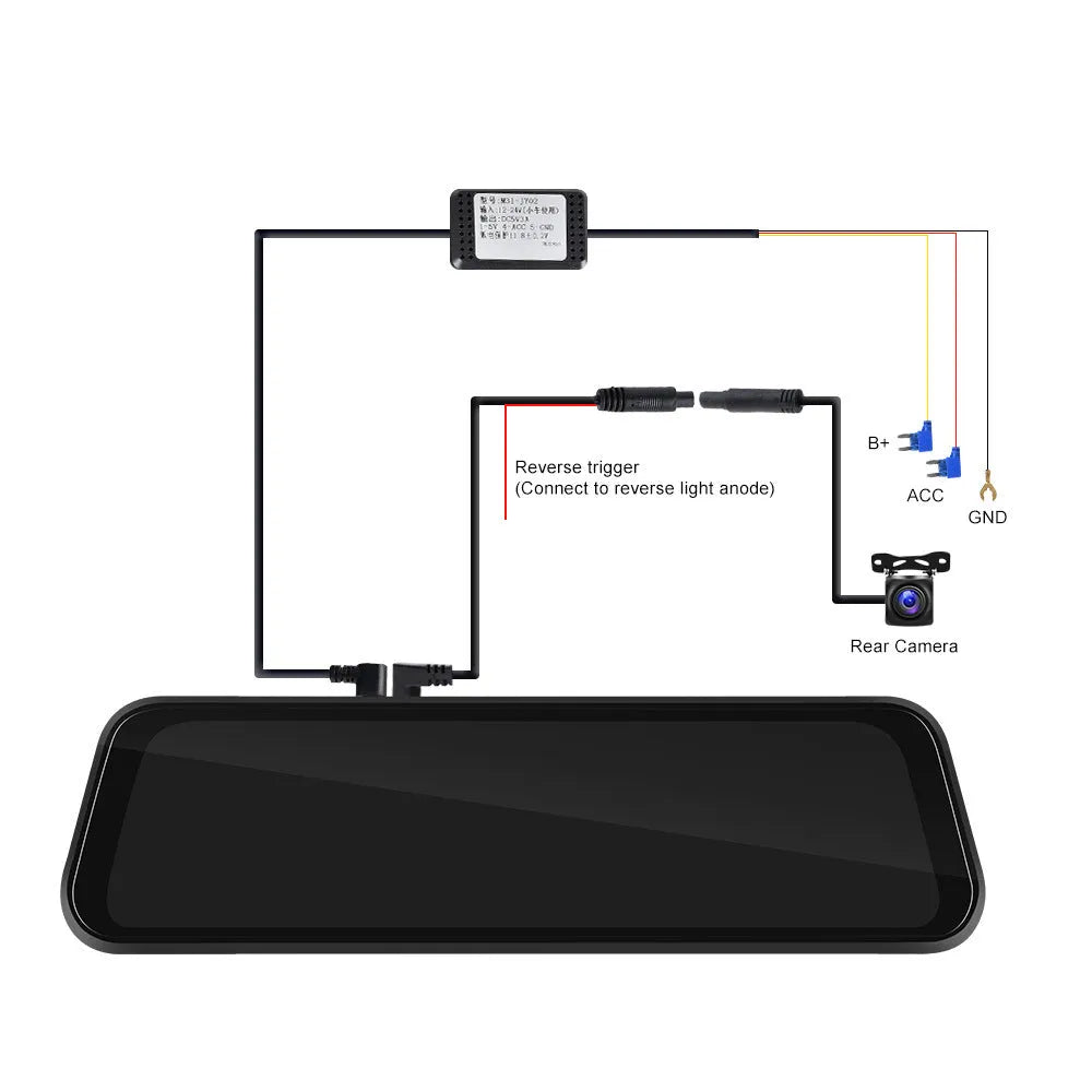 9.66-inch black car dash cam mirror with touch screen, showing split-screen display for front and rear camera feeds.