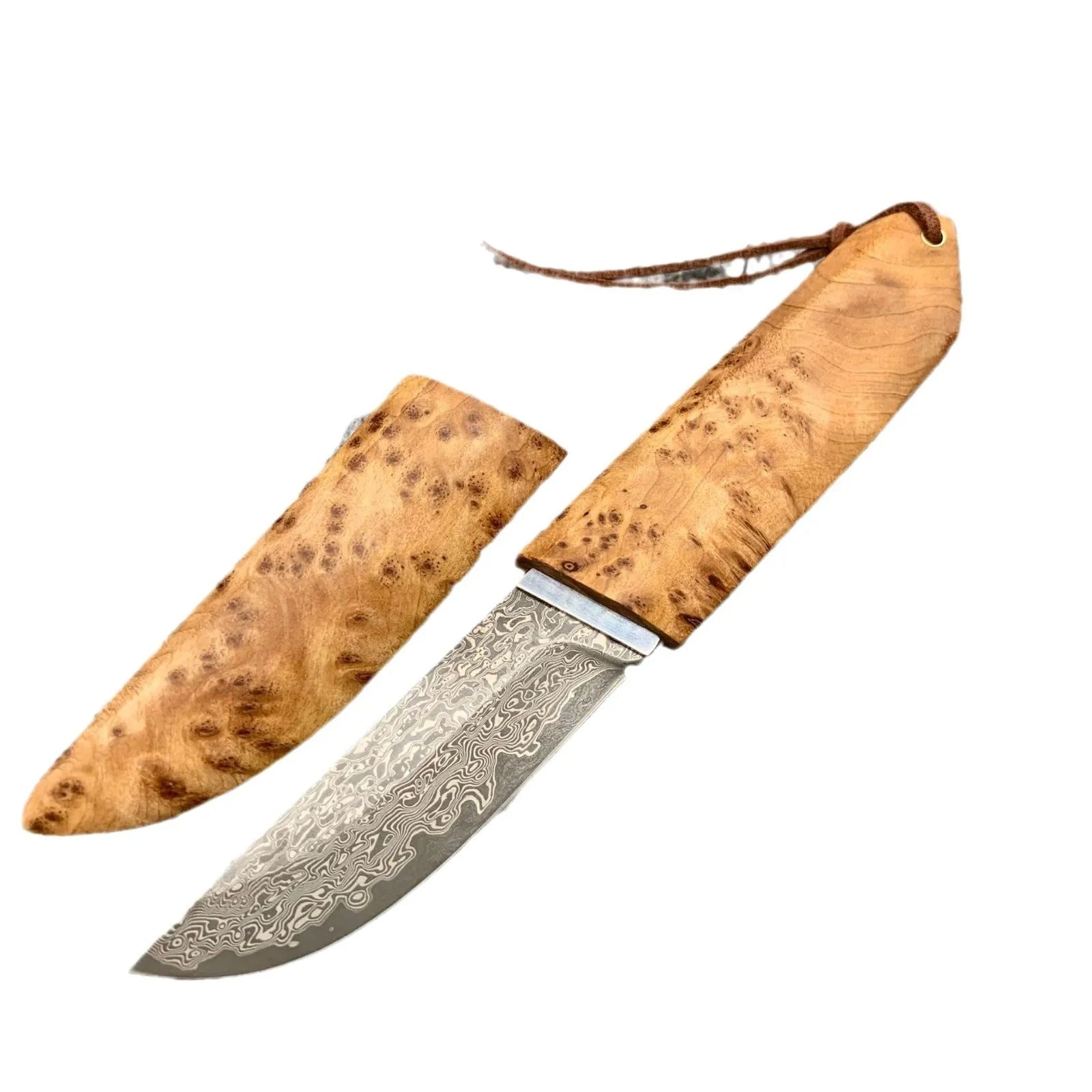 Outdoor camping short knife with Damascus pattern blade and Thuja wood handle showing 18cm length