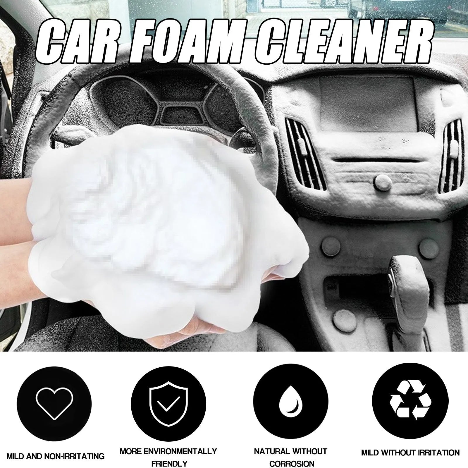 60ml car interior wash-free foamed cleaner spray bottle with a 10cm by 10cm white sponge applicator