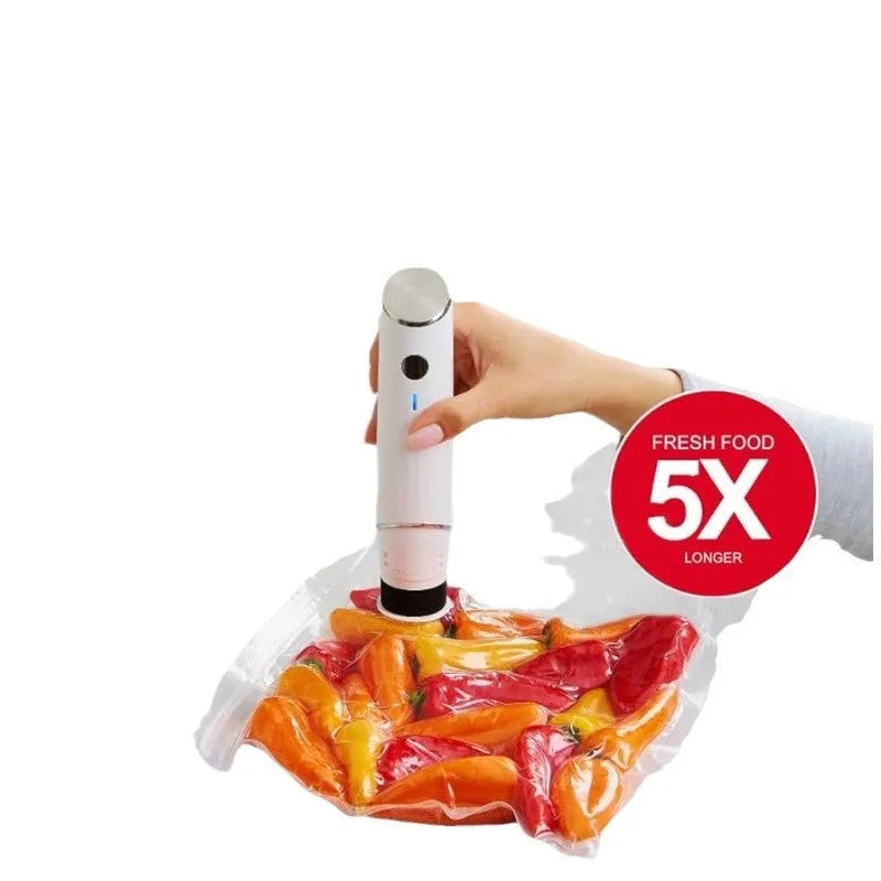 White USB electric suction pump and five clear plastic vacuum storage bags with zipper seals for food preservation.