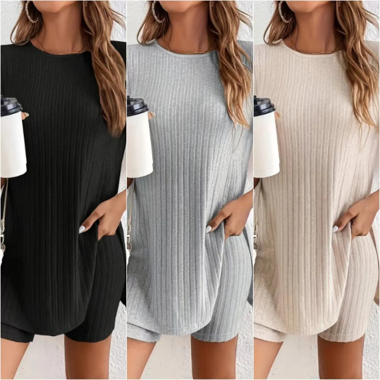Women's cotton crew neck shorts suit in black, grey or khaki with ribbed detailing