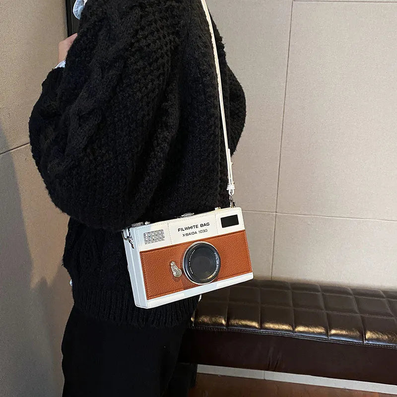 Mini crossbody camera bag with chain strap in soft PU leather, horizontal square shape