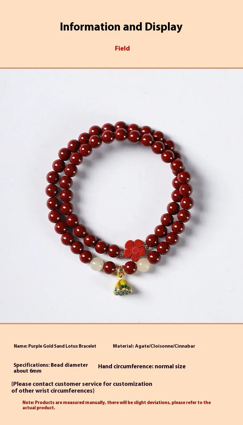 Purple gold cinnabar beads double circle women's bracelet with hand-woven texture and lotus detailing