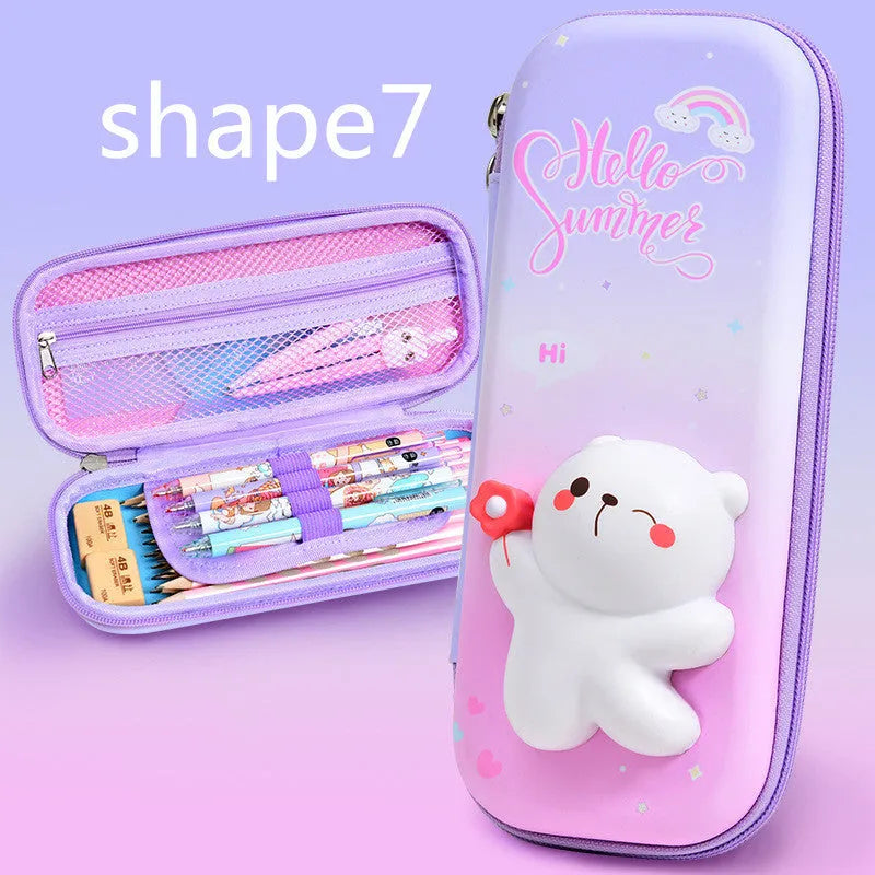 Hard EVA 3D decompression pencil case in square shape with cartoon dinosaur design.