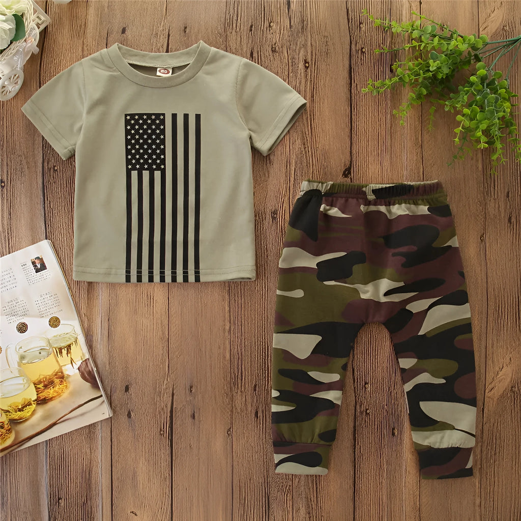 Little boys' camouflage summer suit with flag pattern, short sleeve shirt and trousers two-piece set