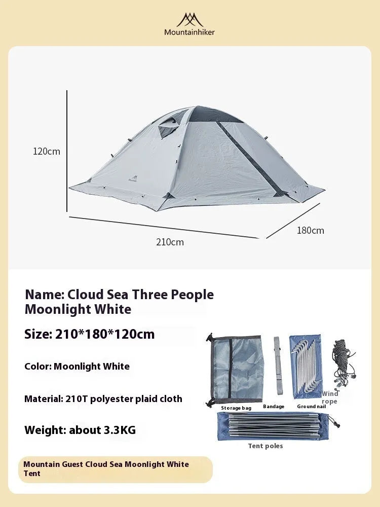 Double camping tent in Moonlight White made from 210D polyester checked cloth with ground studs and wind ropes