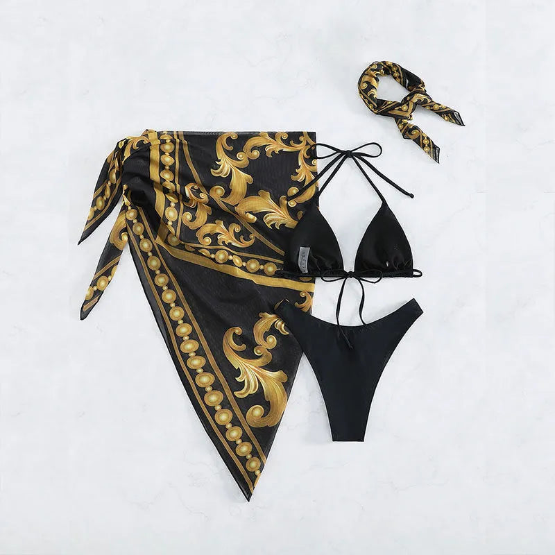 Vintage print lace-up bikini three-piece swimsuit in blue, rose red and pictured colour options