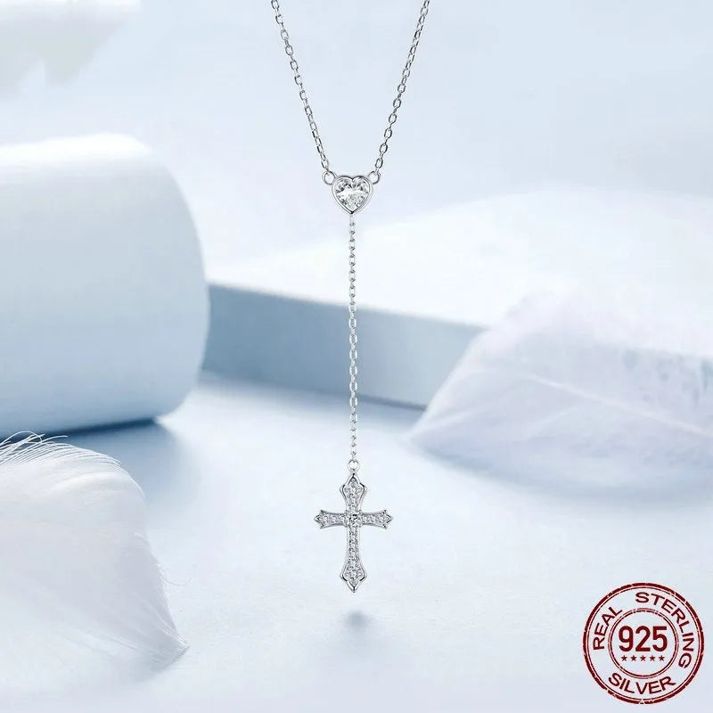 925 silver Love Cross necklace with V-neck pendant on O-ring chain in BSN384 colour for women