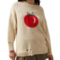 Milky white women's jacquard knit pullover sweater with a round neck and long sleeves on a hanger.