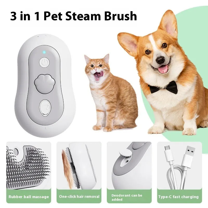 Rechargeable pet grooming comb for cats with spray function in beige yellow, blue, gray or orange colours