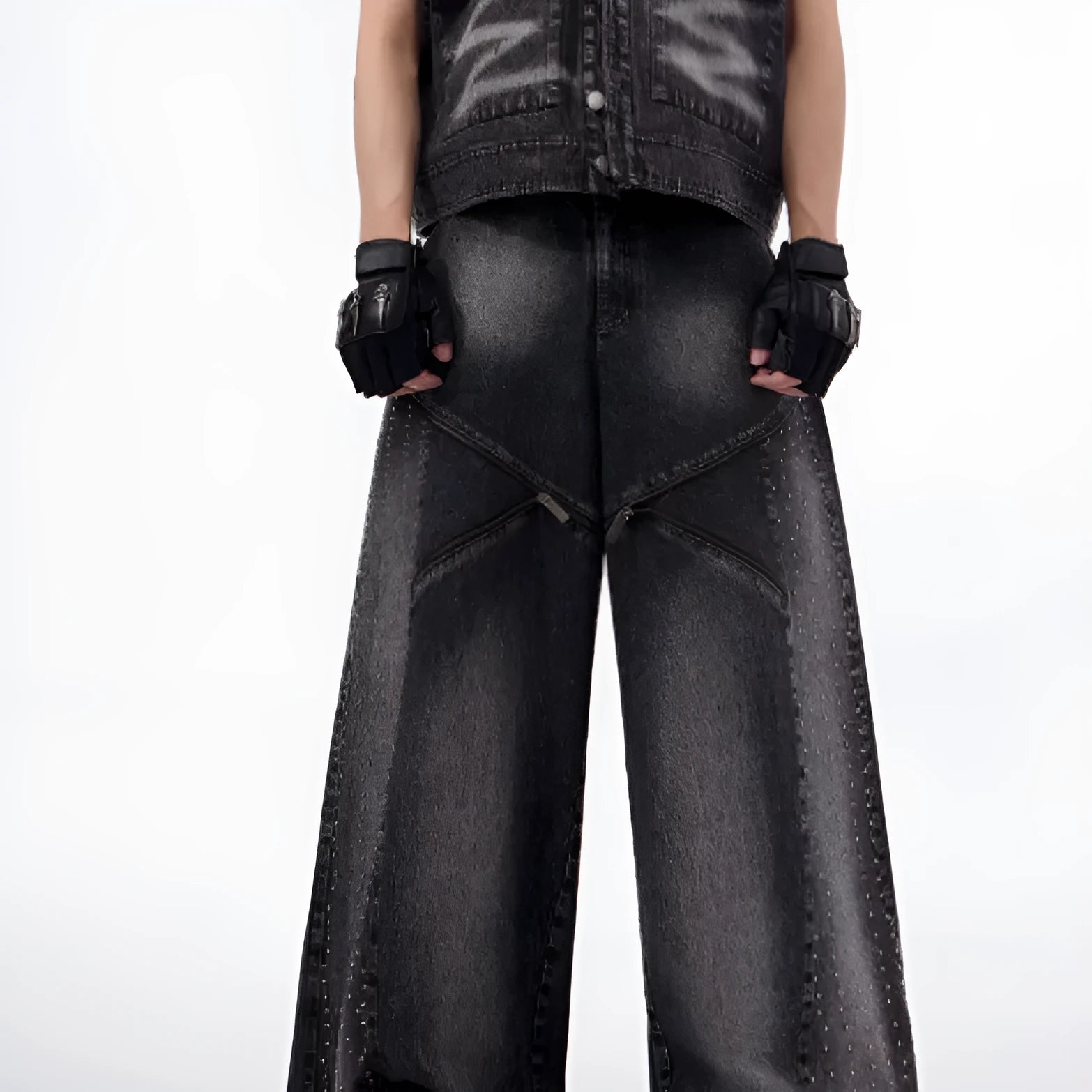 Korean style washed denim wide leg pants with matching waistcoat in black and grey colour