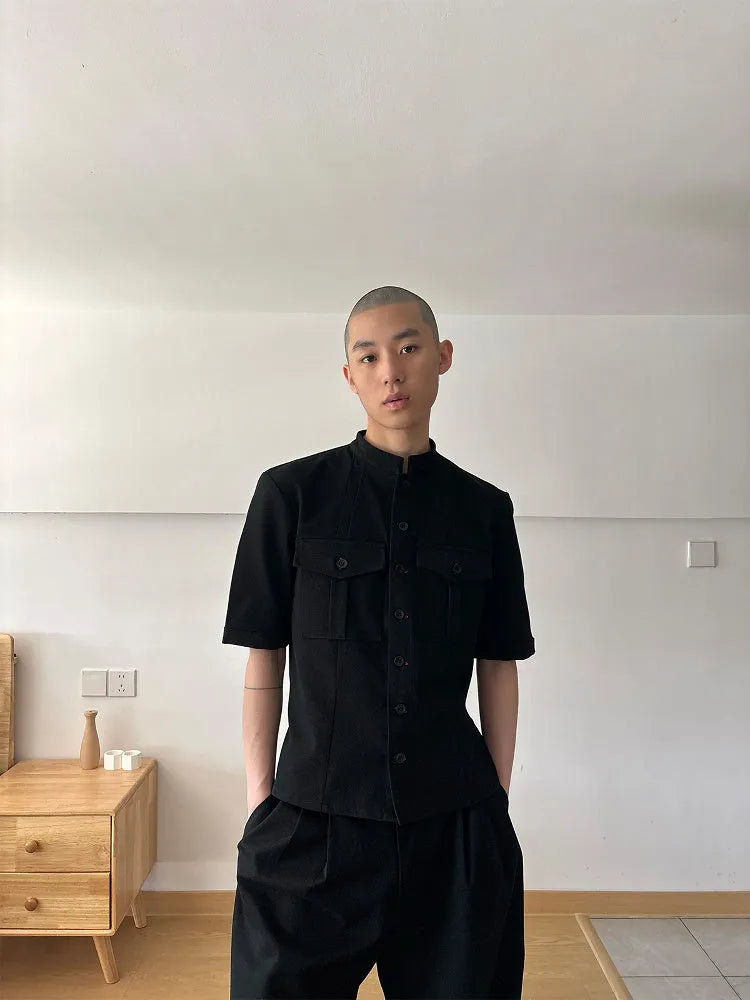 Black handmade men's loose fit half sleeve shirt with a shirt collar.