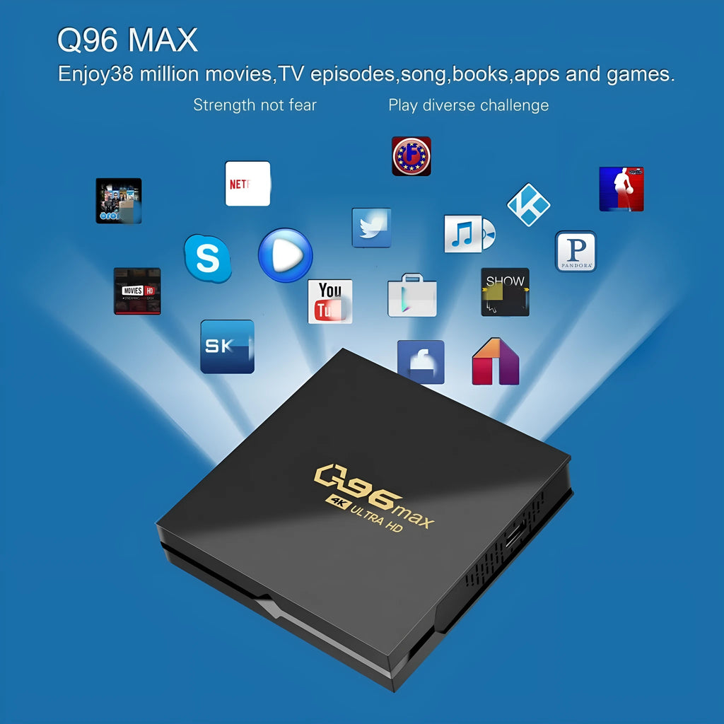 Q96 MAX S905 Android 4K TV set-top box with remote control and HDMI cable on a dark surface.