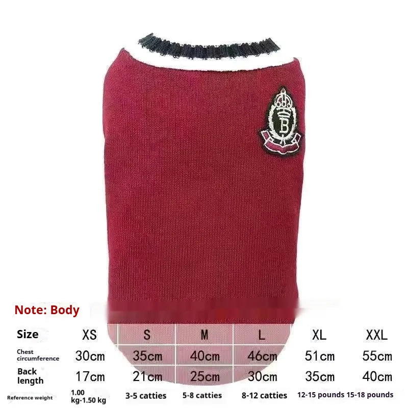 Silver gradient college style pet winter clothes shown in blue duck colour on size chart with weight ranges