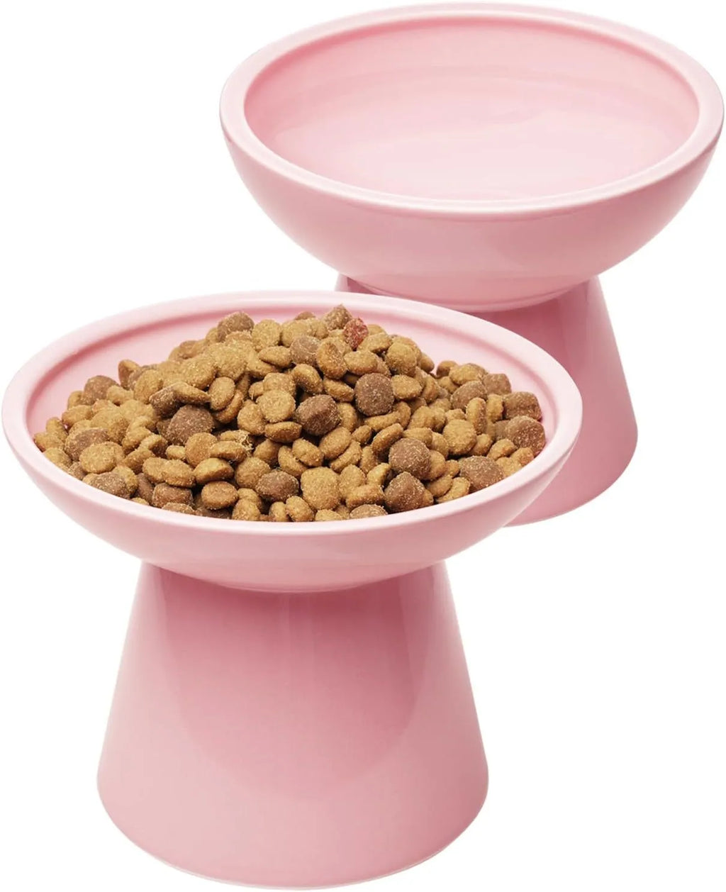 A wide, shallow ceramic cat bowl in an elevated stand, shown in blue, green, pink, or white.