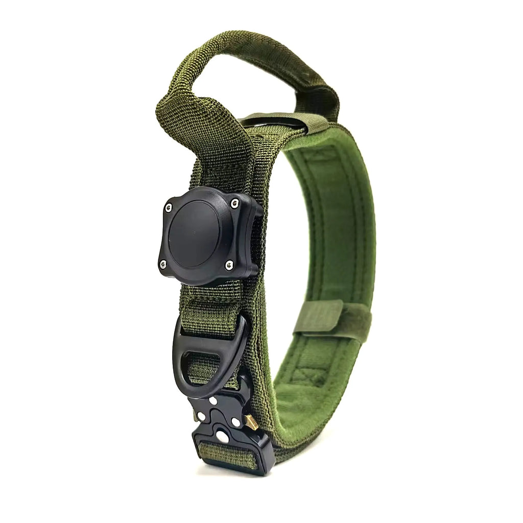 Tactical waterproof dog collar with positioning ring in army green colour