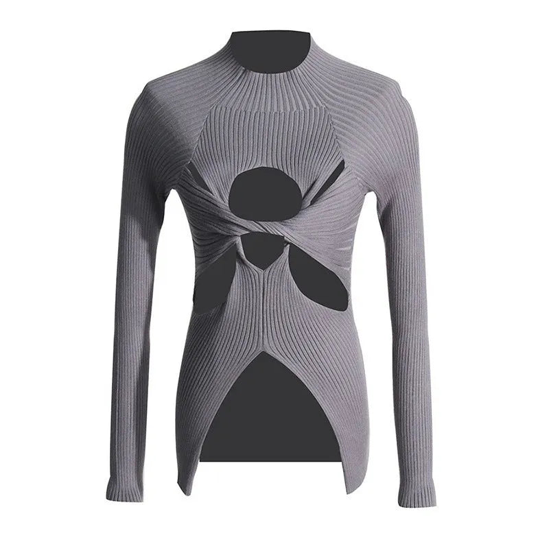 Women's slim fit twist knit pullover semi-high neck polyester top in gray, black, khaki, white