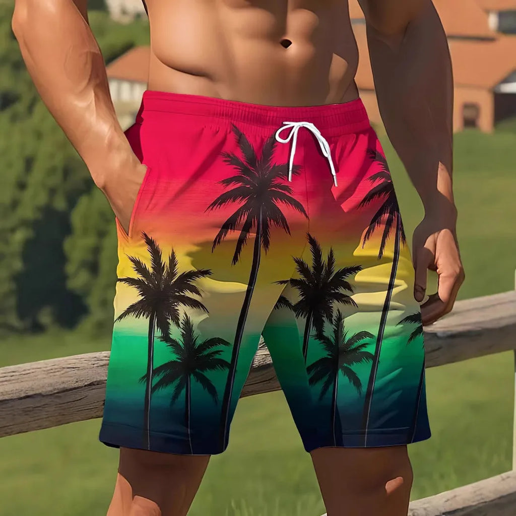 Man's 3D printed quick-dry swimming trunks in a summer design colour, showing micro-elastic polyester fabric.