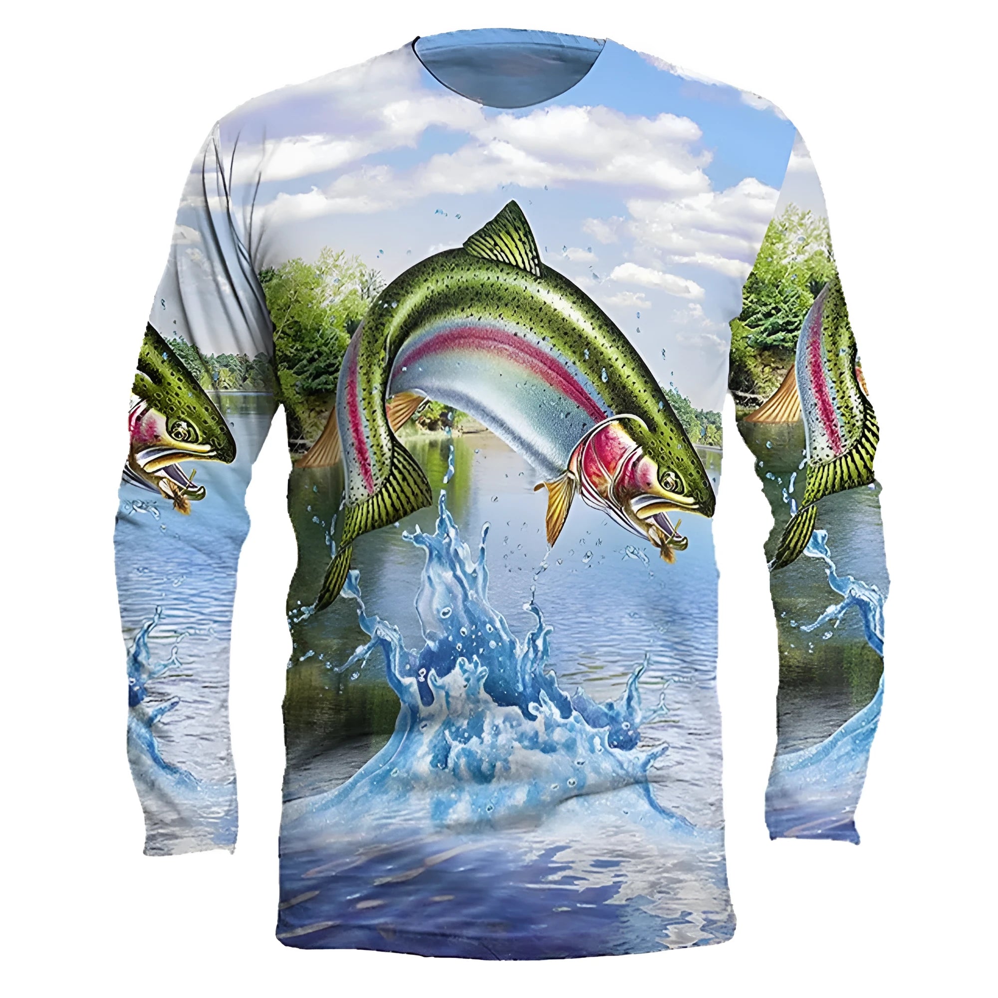 Men's grey long-sleeved pullover with a printed fish design on the chest, showing round neck and casual fit.