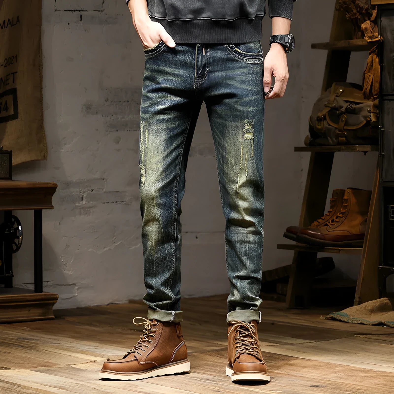Men's retro blue jeans with stretch fabric in skinny fit style showing zip fly detail
