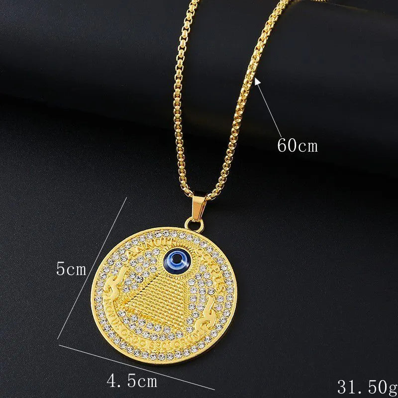 Gold geometric women's necklace with inlaid zircon stones on an alloy pendant.