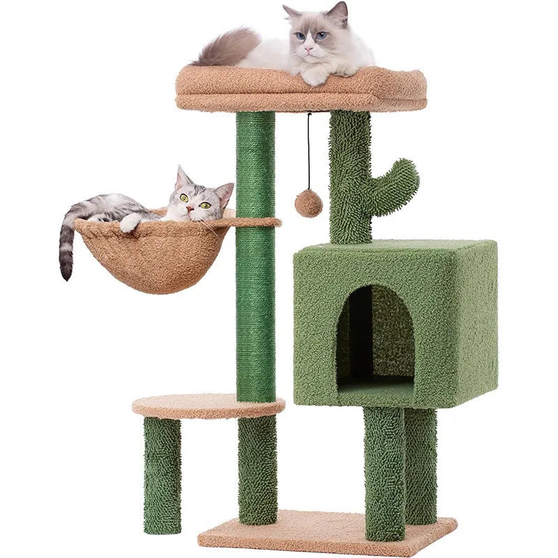 Green cactus wooden cat climbing frame 43x33x87cm with jumping platform and shelf for small and medium-sized cats