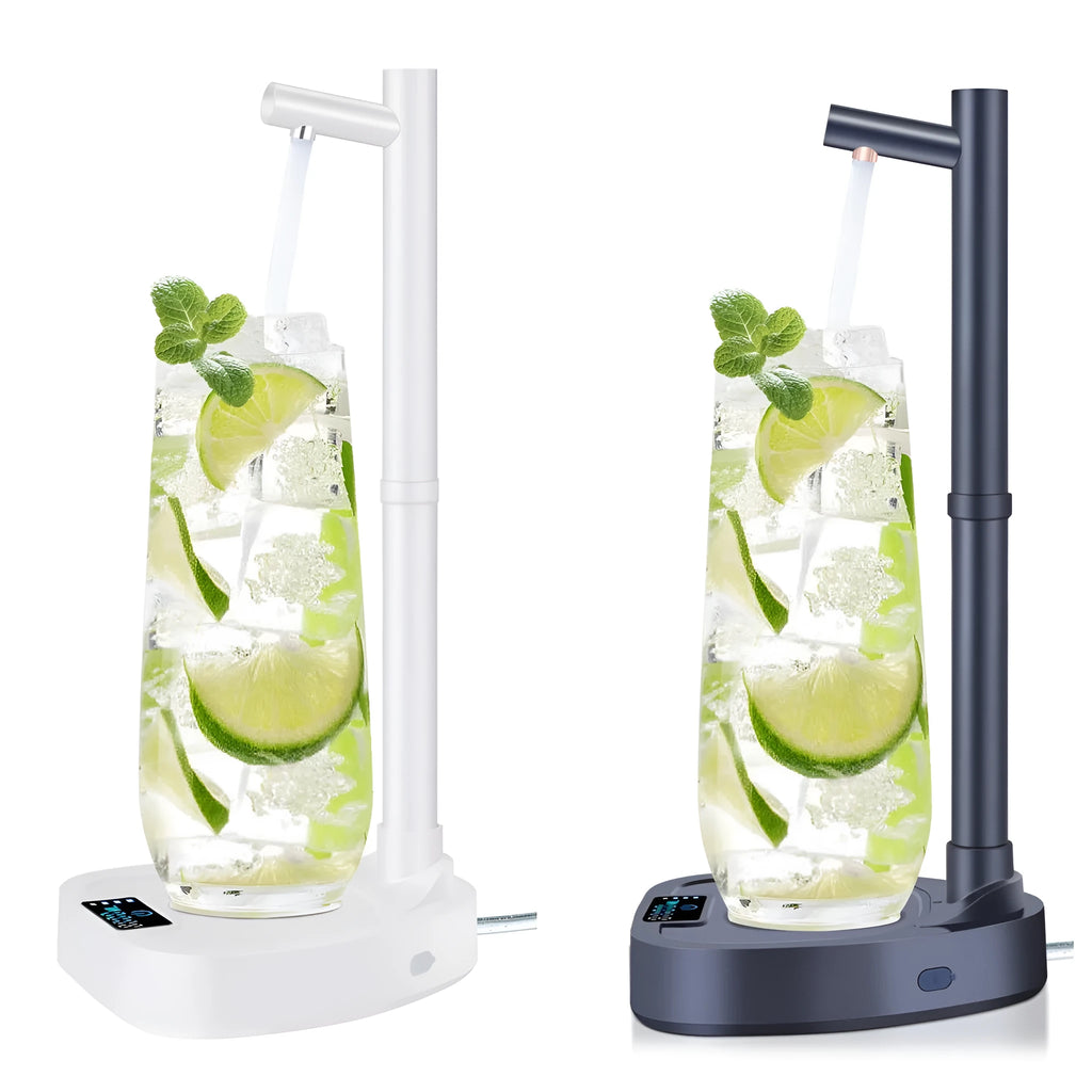 White and blue rechargeable desktop water dispenser pump with LED display on a water bottle.
