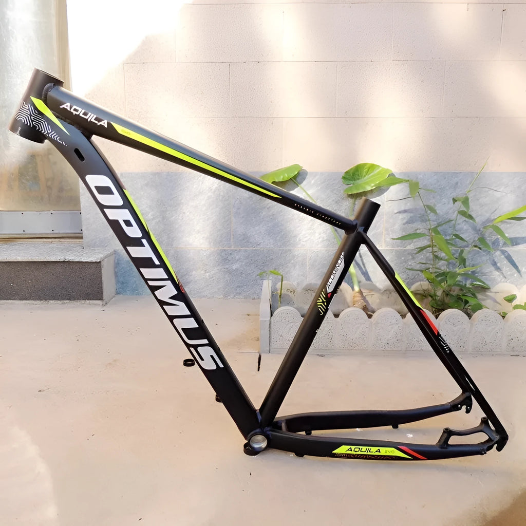Black Green 29-inch aluminium alloy mountain bike frame showing disc brake mount and internal routing ports.