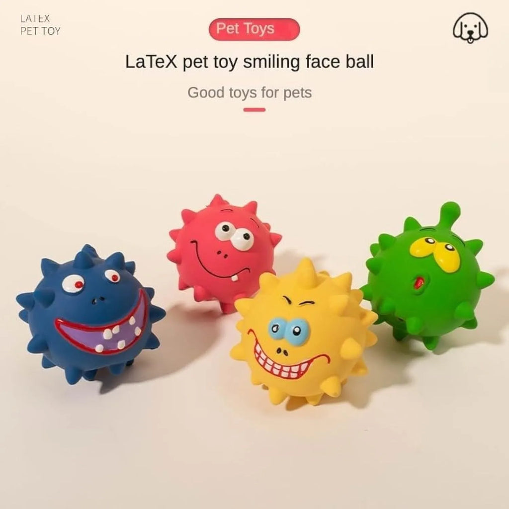 Four colourful latex squeaky dog balls with cute faces, each 7.5cm diameter