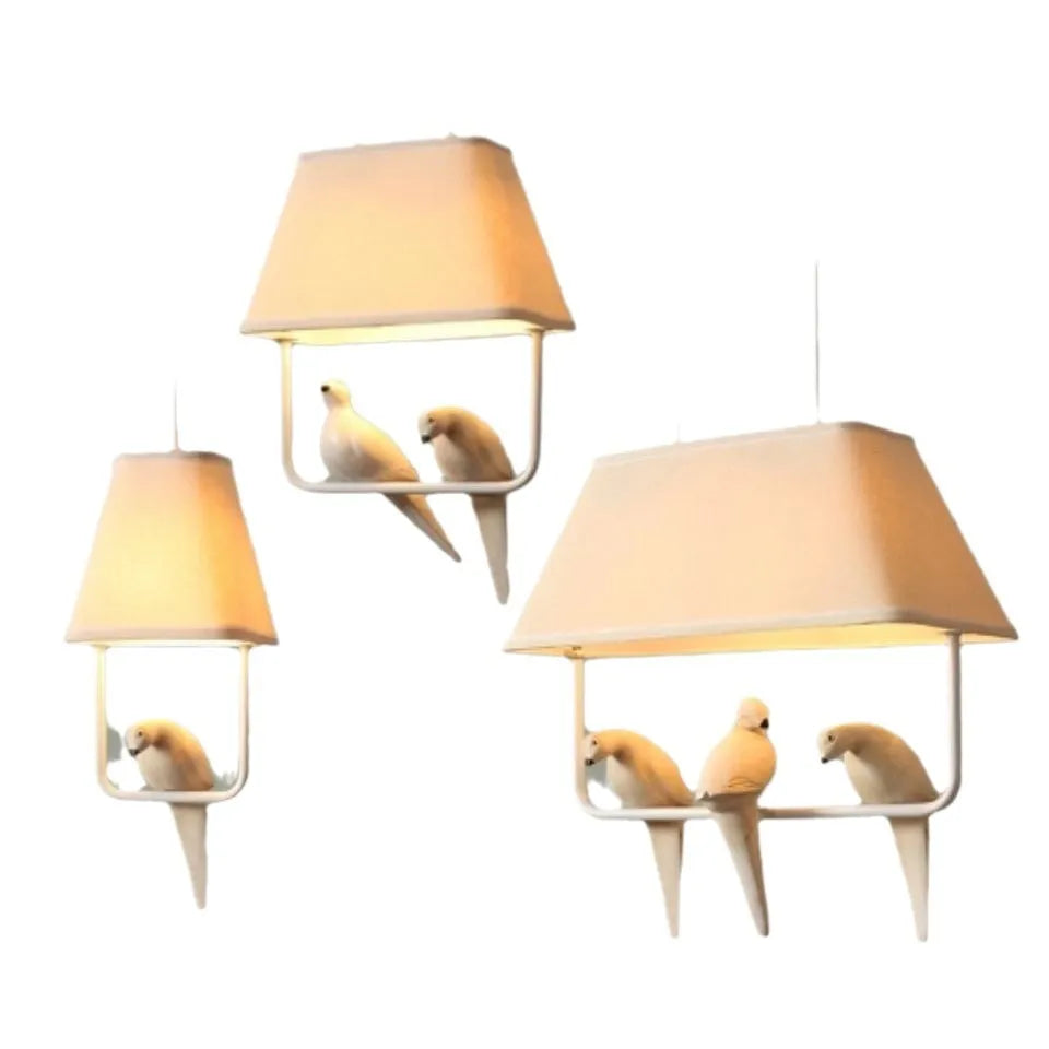 Bird theme chandelier ceiling lamp with fabric shade and iron frame